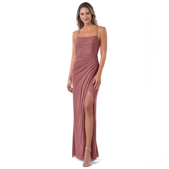 AZAZIE KALEA Mermaid Pleated Mesh Floor-Length Dress Desert Rose - Picture 1 of 5